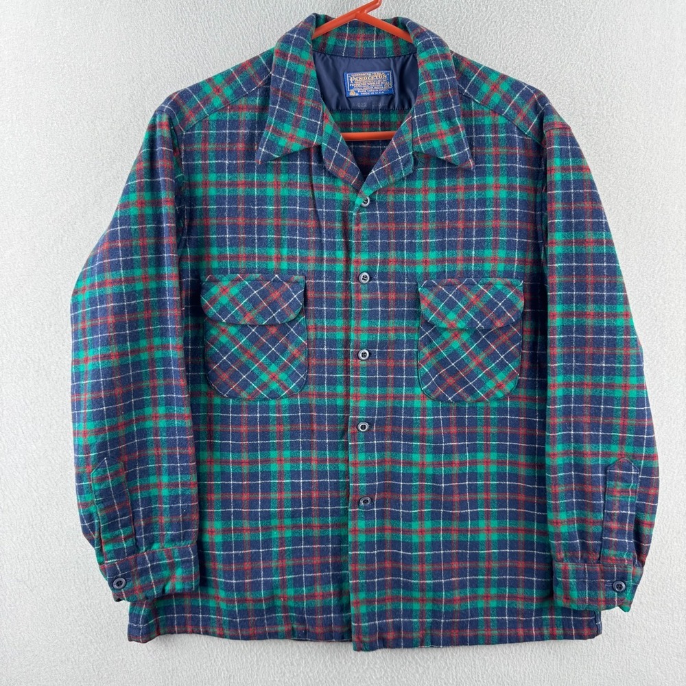 Vintage Pendleton Board Shirt Mens XL (Fits L) Plaid Loop Collar Camp 80s